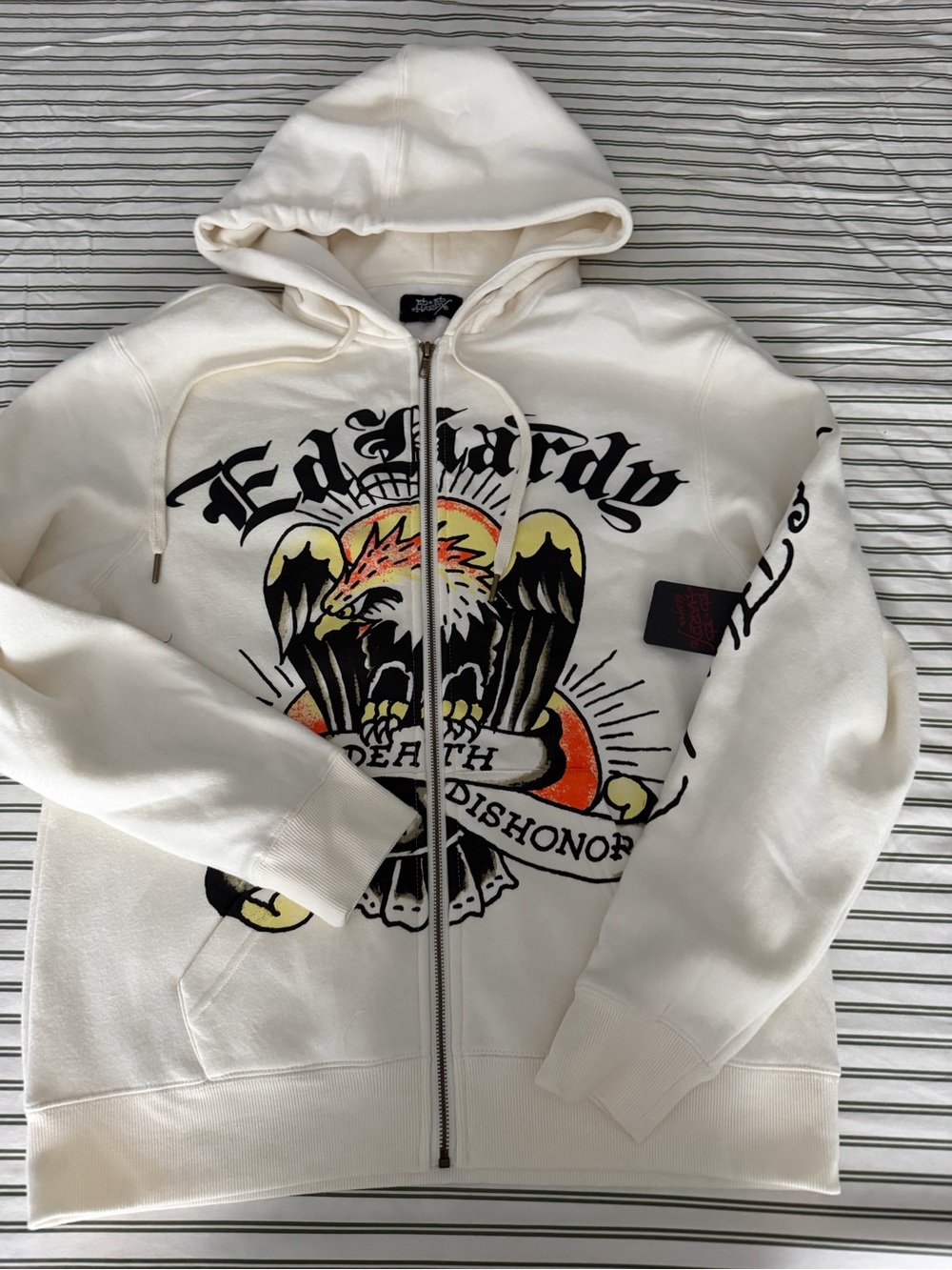 Ed Hardy Cream Zip-Up Hoodie with Bold Eagle Graphic